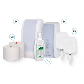 KOMPLETT-SET Toilettenkabine: Toilettenpapierspender + SENSOR Sitzreinigung + Reinigungsschaum + Füllmittel