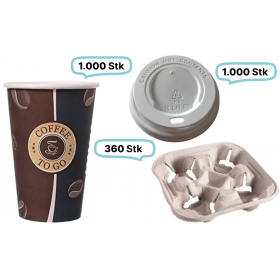 KOMPLETT-SET Kaffeegenuss: Kaffeebecher mit Deckel 0,30 l, je 1.000 Stk, 12oz und 360 x 4er- Becherhalter