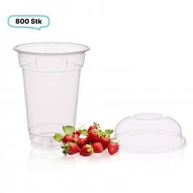 SET: Cups, klare Becher  300ml + Deckel ohne Loch - 800 Stück, transparentes recyceltes PET