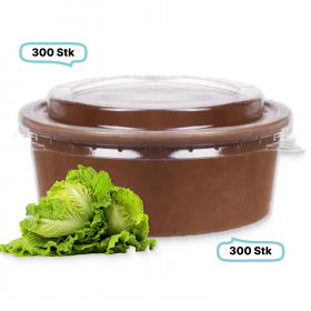 SET: Salatboxen Salatschalen braun 500ml + RPET Deckel, 300 Stück, to go, take away, biologisch abbaubar, Kraftpapier+ PLA