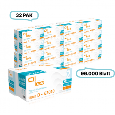 Falthandtücher 25x23cm, 2-lg, 32 Pak, 96.000 Blatt gesamt, 3.000 Blatt/ Pak, 100% Zellstoff, V-Falz, CIL- les Tissue, Series D