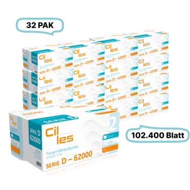 Falthandtücher 25x21cm, 2-lg, 32 Pak, 102.400 Blatt gesamt, 3.200 Blatt/ Pak, 100% Zellstoff, V-Falz, CIL- les Tissue, Series D