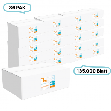 Falthandtücher 20,5x24cm, 2-lg, 36 Pak, 135.000Blatt gesamt, 3.750Blatt/ Pak, 100% Zellstoff, Z-Falz, CIL- les Tissue, Series D