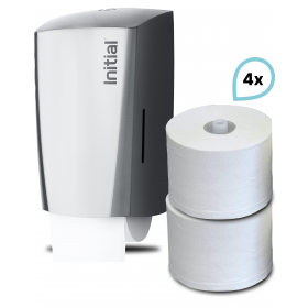 SET: Toilettenpapierspender Reflection KOMPAKT, Doppelrollenspender, Edelstahl +  4 Toilettenpapierrollen, Rentokil INITIAL