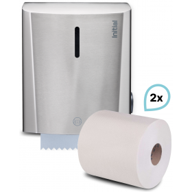 SET: Reflection Papierrollenspender Short Cut, Autocut, Edelstahl + 2 Premium Handtuchrollen, Rentokil INITIAL