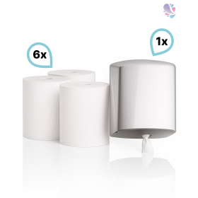 SET: Wisch- und Putzpapierspender für Innenabrollung + 6 Rollen, 2-lagig, 150m je Rolle, 100% Zellstoff, perforiert