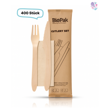 SET: Holzbesteckset Premium Messer und Gabel inkl. Serviette Einwegbesteck, 400 Stk, Holz gewachst, einzeln verpackt