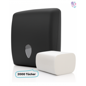 SET: Falthandtuchspender INFINITY Schwarz matt + 2.000 Blatt Handtuchpapier Zick-Zack PREMIUM Zel-TAD, Interfold, weiß, 2-lagig