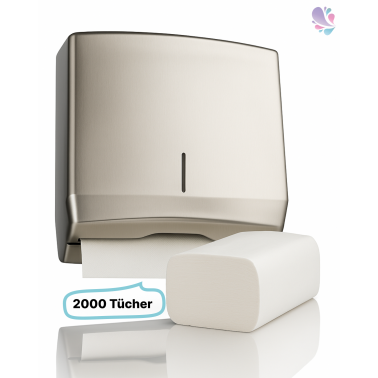 SET: Falthandtuchspender Edelstahl FUTURA + 2.000 Blatt Zick-Zack PREMIUM Handtuchpapier Zel-TAD, Interfold, weiß, 2-lagig