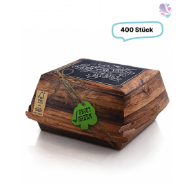 Burger-Box klein 400 Stk, to go, take away, kompostierbar, rustikales Holzmotiv, fett- und feuchtigkeitsabweisend