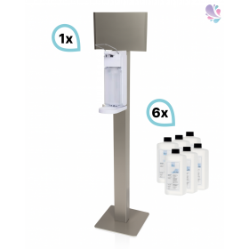SET: Armhebelspender Blanc UNIVERSAL + Bodenständer Edelstahl mit Infotafel + Händedesinfektion 6 Flaschen à 500 ml