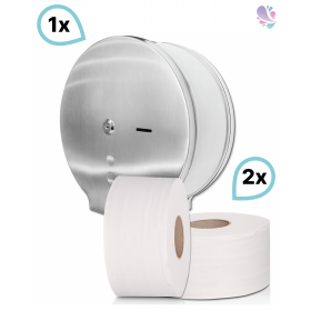 SET: 1x Jumbo-Toilettenpapierspender EDELSTAHL matt + 2 Jumborollen-Toilettenpapier 300m, 2-lagig