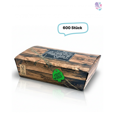 Snack-Box klein 600Stk, to go, take away, kompostierbar, rustikales Holzmotiv, fett- und feuchtigkeitsabweisend
