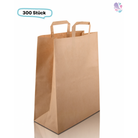 Papiertüten groß, 300 Stück Papiertaschen, Papiertragetaschen braun, 22 x10,5 x 30 cm, flacher Henkel, umweltfreundlich