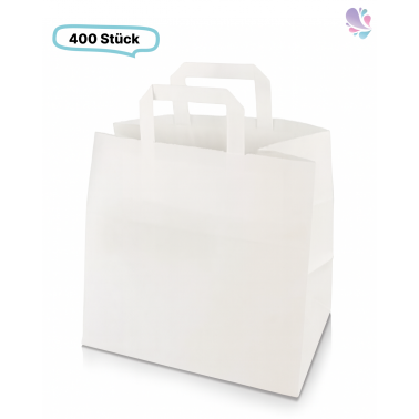 Papiertüten, Papiertaschen, Papiertragetaschen weiß, flacher Henkel 400 Stück, umweltfreundlich