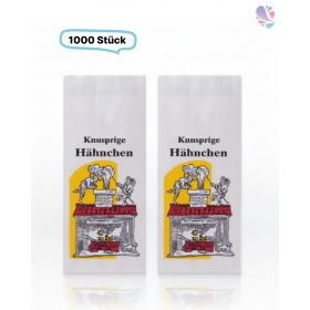 Papierbeutel mit Aluminium Zwischenlage klein, 1000 Stück, 105x60x230mm, Hähnchenbeutel weiß mit Neutraldruck "Max & Moritz"
