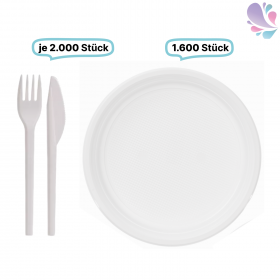SET: Menüteller & Besteck, Mehrwegbesteck, 1600x Teller & 2000x Besteck, weiß, robust, Premium Qualität, verschiedene Varianten