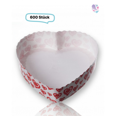 Papier-Backformen Herz weiß-rot, 600 Stück, 135x135x35mm, 420ml, Backofen geeignet, aluminiumfrei