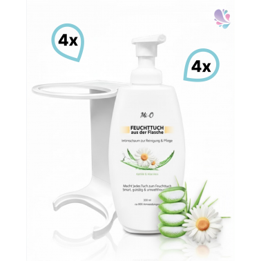 SET: Feuchttuch aus der Flasche 4x300 ml + 4x Wandhalterung, Intim Reinigungs- & Pflegeschaum