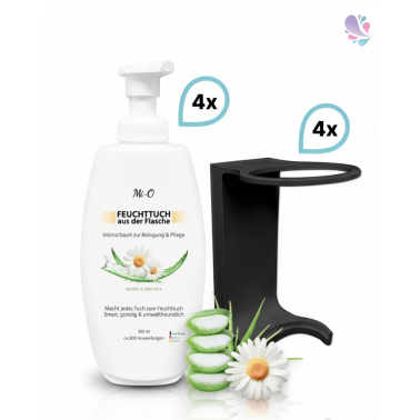 SET: Feuchttuch aus der Flasche 4x300 ml + 4x Wandhalterung schwarz, Intim Reinigungs- & Pflegeschaum