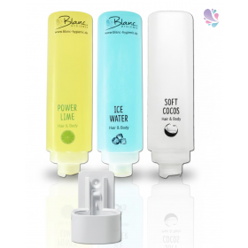 SET: Dusch- und Haarshampoo STARTER- Kit 3x420ml verschied. Düfte mit weißer Wandhalterung HOTELSERIE