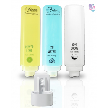 SET: Dusch- und Haarshampoo STARTER- Kit 3x420ml verschied. Düfte mit weißer Wandhalterung HOTELSERIE