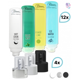 SET: Dusch- und Haarshampoo 12x425ml verschied. Düfte ohne oder mit Wandhalterung in weiß, schwarz oder chrom - HOTELSERIE