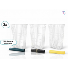 SET Mülltrennsystem 3 x Gitterkorb 60 Liter zum Hängen und Stellen + ins. 750 Müllsäcke in grau, blau & gelb