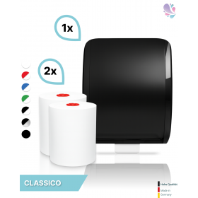 SET: Handtuchrollenspender Autocut, Blanc Cosmos verschied. Farben + 2 Handtuchrollen Classico - PRODUKTSET