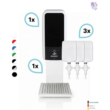 SET: Desinfektionsspender SENSOR Blanc Cosmos versch. Farben + Tischständer weiß +3x 1-Liter Hautdesinfektion