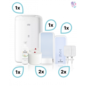 KOMPLETT-SET Damentoilette: Toilettenpapierspender + Sitzreinigung + Intimschaum + Hygienezubehör & Füllmittel