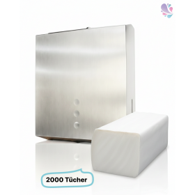 SET: Falthandtuchspender EDELSTAHL matt + 2.000 Blatt Handtuchpapier Zick-Zack PREMIUM  Zel-TAD, Interfold, weiß, 2-lagig
