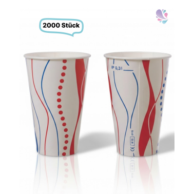 Papptrinkbecher aus Hartpapier rot-blau gestreift mit Eichstrich – 0,25 l bis 0,50 l, Kaltgetränkebecher, 2.000 Stück