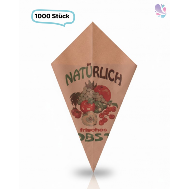 Obstspitztüten aus braunem Natronmischpapier – gefädelt, mit Obstmotiv, 1,0 kg oder 1,5 kg, recyclebar, 1000 Stück