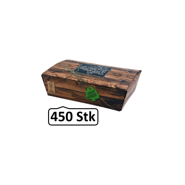 Snack-Box groß 450 Stk, to go, take away, kompostierbar, rustikales Holzmotiv, fett- und feuchtigkeitsabweisend