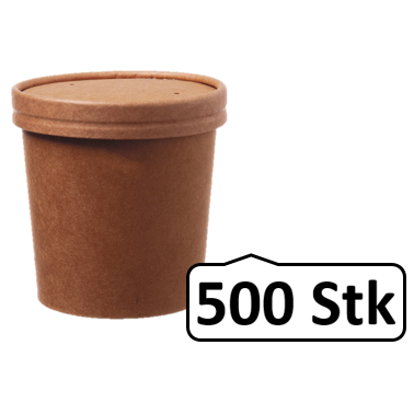 Soup Becher Suppenbehälter mit Membrandeckel 360 ml 12 oz 500 Stk, to go, take away, kompostierbar, natürliches Design