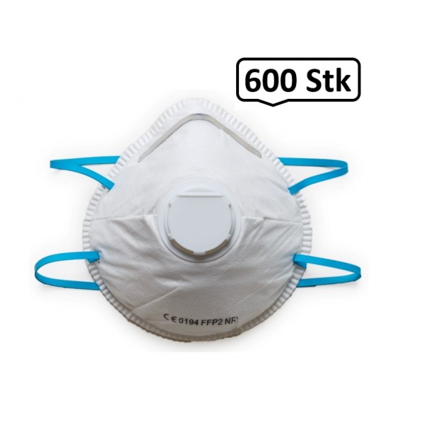 FFP2-Mundschutzmaske mit Ventil original & zertifiziert, 600 Stk., Mund- und Nasenmaske, Einwegmaske, EN 149:2001 + A1:2009