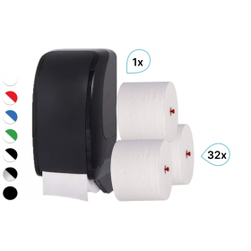 SET: 1x Toilettenpapierspender Doppelrollen Blanc Cosmos verschied. Farben + 32 Toilettenpapierrollen Long Life 3L - PRODUKTSET