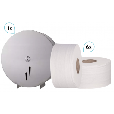 SET: 1x Jumbo-Toilettenpapierspender EDELSTAHL matt + 6 Jumborollen-Toilettenpapier 230m, 2-lagig